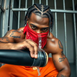 A close-up of a muscular African American gang member in a prison cell, wearing baggy orange pants and a red bandana mask covering his nose and mouth