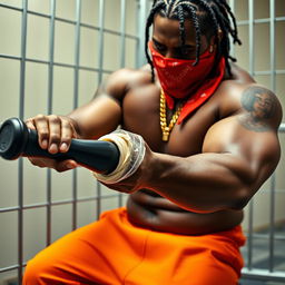 A close-up of a muscular African American gang member in a prison cell, wearing baggy orange pants and a red bandana mask covering his nose and mouth