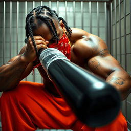 A close-up of a muscular African American gang member in a prison cell, wearing baggy orange pants and a red bandana mask covering his nose and mouth