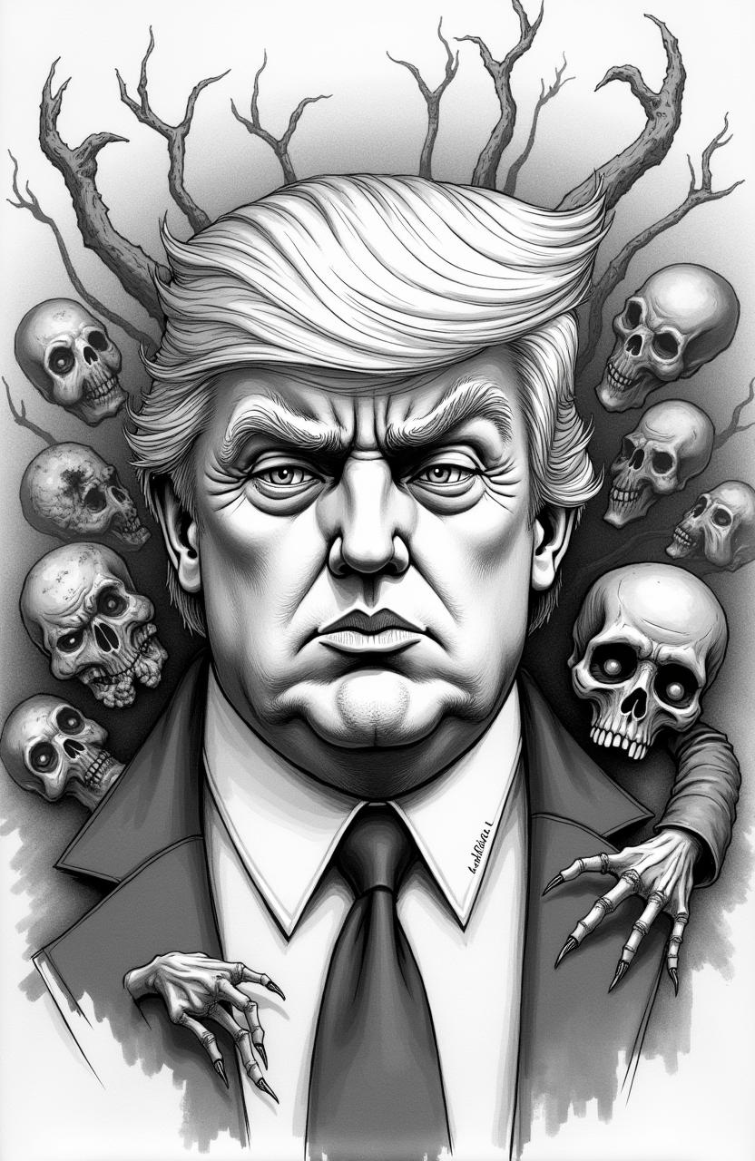 a hand-drawn black and white cartoon of Donald Trump in the distinctive style of Junji Ito, featuring exaggerated facial features with an unsettling expression