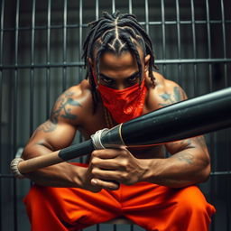 close-up of a muscular African American gang member in a prison cell