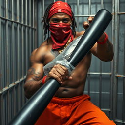 close-up of a muscular African American gang member in a prison cell