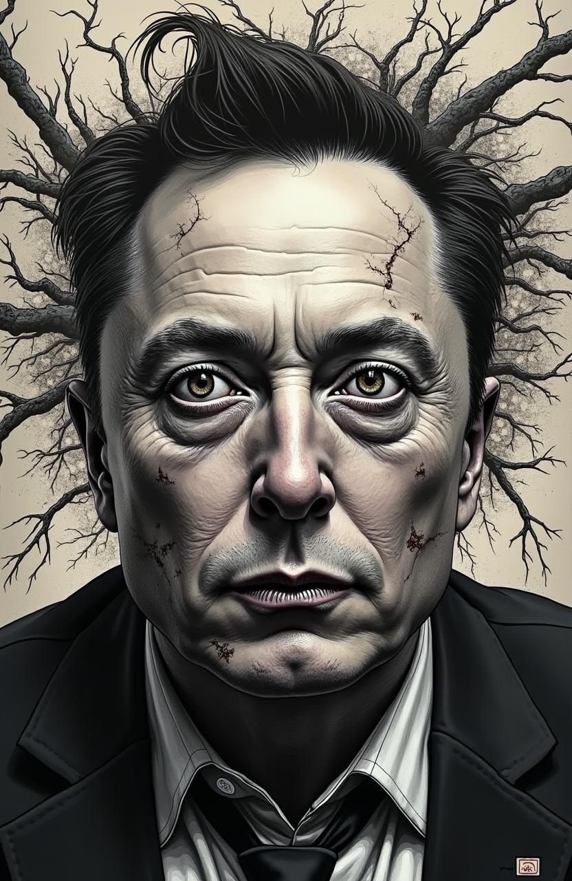 a surreal and unsettling portrait of Elon Musk, styled in the manner of Junji Ito, characterized by intricate linework and a sense of lurking horror