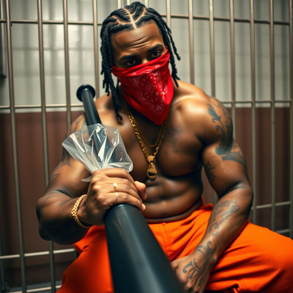 Close-up of a muscular African American gang member in a prison cell