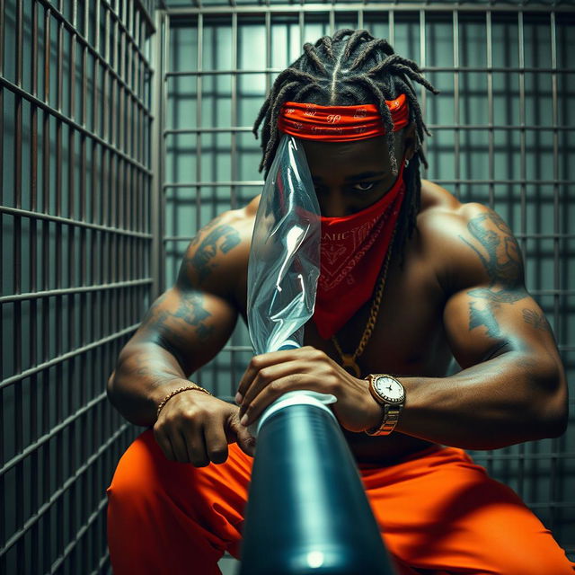 Close-up of a muscular African American gang member in a prison cell