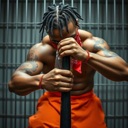 Close-up of a muscular African American gang member in a prison cell