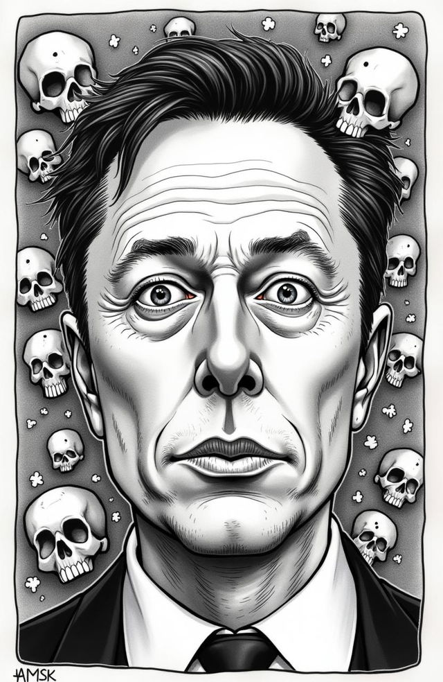 a hand-drawn black and white cartoon of Elon Musk in the distinctive style of Junji Ito, featuring exaggerated facial features with a slightly unsettling expression