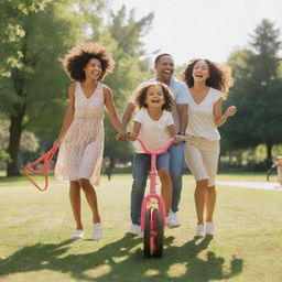 Animated, joyful family of three, including a girl as their daughter, gleefully spending time together in a vibrant, sunlit park filled with greenery and playful equipment.