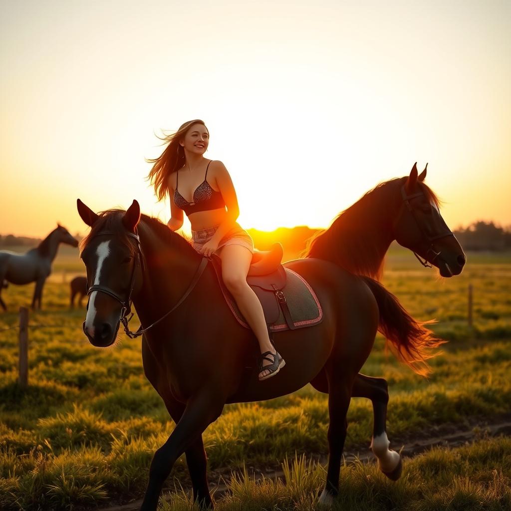 A young woman riding a black horse across a sunny farm landscape