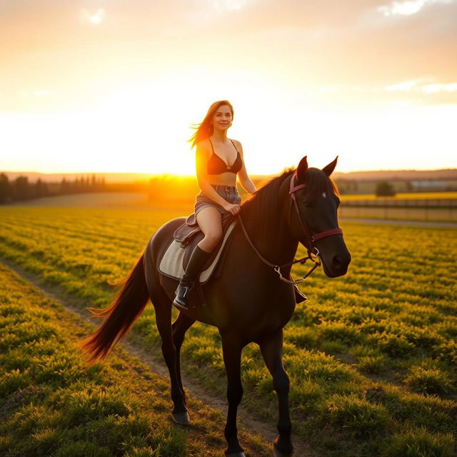 A young woman riding a black horse across a sunny farm landscape