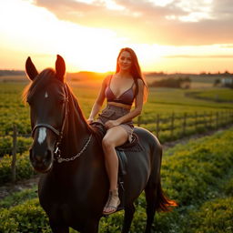 A young woman riding a black horse across a sunny farm landscape