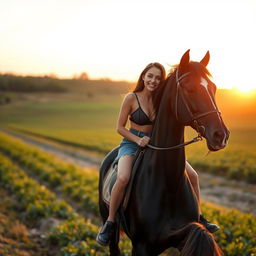 A young woman riding a black horse across a sunny farm landscape