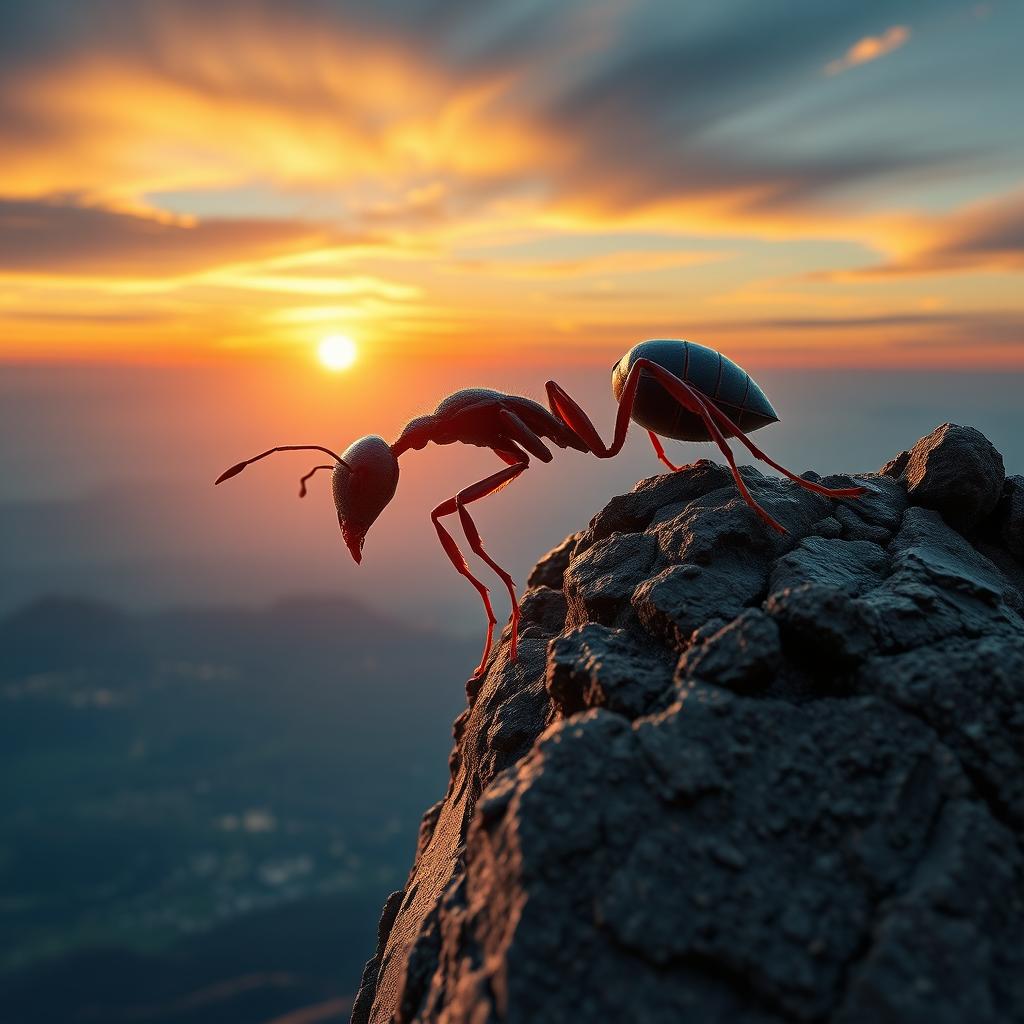 A surreal representation of an ant climbing towards a peak, embodying the spirit and journey of Ahmad Rikiyanto