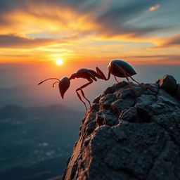 A surreal representation of an ant climbing towards a peak, embodying the spirit and journey of Ahmad Rikiyanto