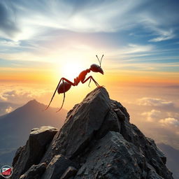 A surreal representation of an ant climbing towards a peak, embodying the spirit and journey of Ahmad Rikiyanto