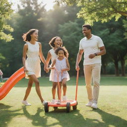 Animated, joyful family of three, including a girl as their daughter, gleefully spending time together in a vibrant, sunlit park filled with greenery and playful equipment.