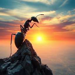 A surreal representation of an ant climbing towards a peak, embodying the spirit and journey of Ahmad Rikiyanto