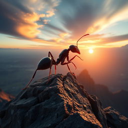 A surreal representation of an ant climbing towards a peak, embodying the spirit and journey of Ahmad Rikiyanto