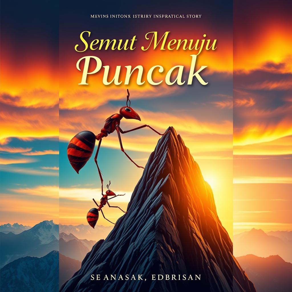 Cover design for an inspirational story titled 'Semut Menuju Puncak'