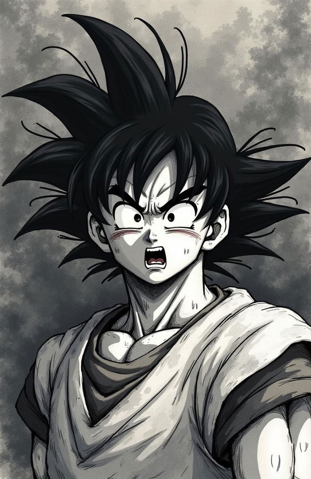 A detailed drawing of Goku in the unique and eerie art style of Junji Ito, capturing an intense and dramatic atmosphere with intricate linework and shading