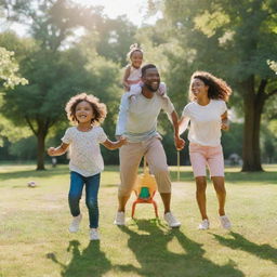 Animated, joyful family of three, including a girl as their daughter, gleefully spending time together in a vibrant, sunlit park filled with greenery and playful equipment.