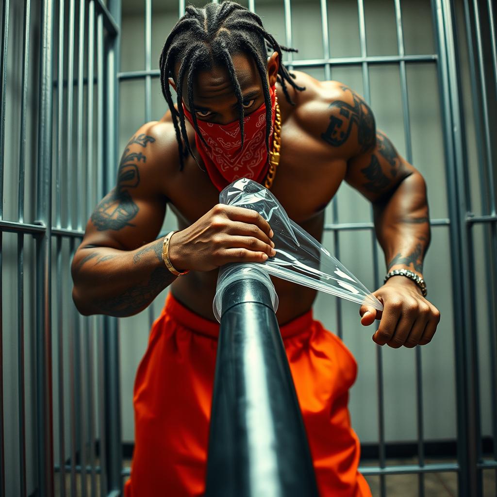 Close-up of a muscular African American gang member in a prison cell, wearing baggy orange pants and a red bandana mask covering his nose and mouth