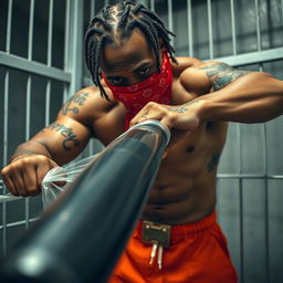 Close-up of a muscular African American gang member in a prison cell, wearing baggy orange pants and a red bandana mask covering his nose and mouth