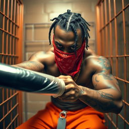 Close-up of a muscular African American gang member in a prison cell, wearing baggy orange pants and a red bandana mask covering his nose and mouth