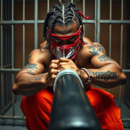 Close-up of a muscular African American gang member in a prison cell, wearing baggy orange pants and a red bandana mask covering his nose and mouth