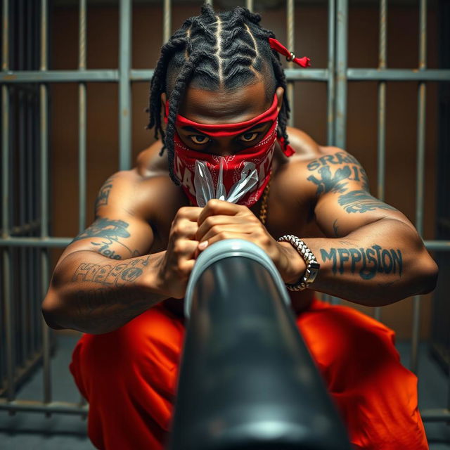 Close-up of a muscular African American gang member in a prison cell, wearing baggy orange pants and a red bandana mask covering his nose and mouth