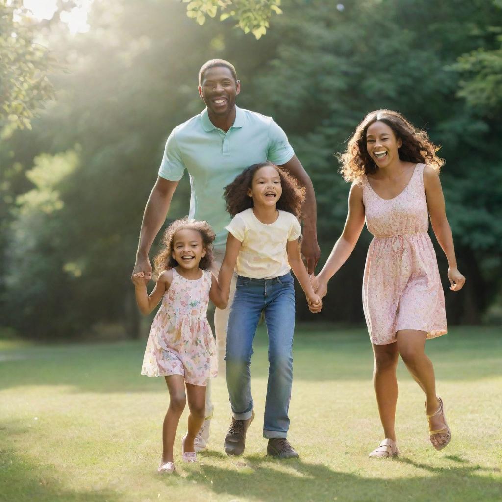 Animated, joyful family of three, including a girl as their daughter, gleefully spending time together in a vibrant, sunlit park filled with greenery and playful equipment.