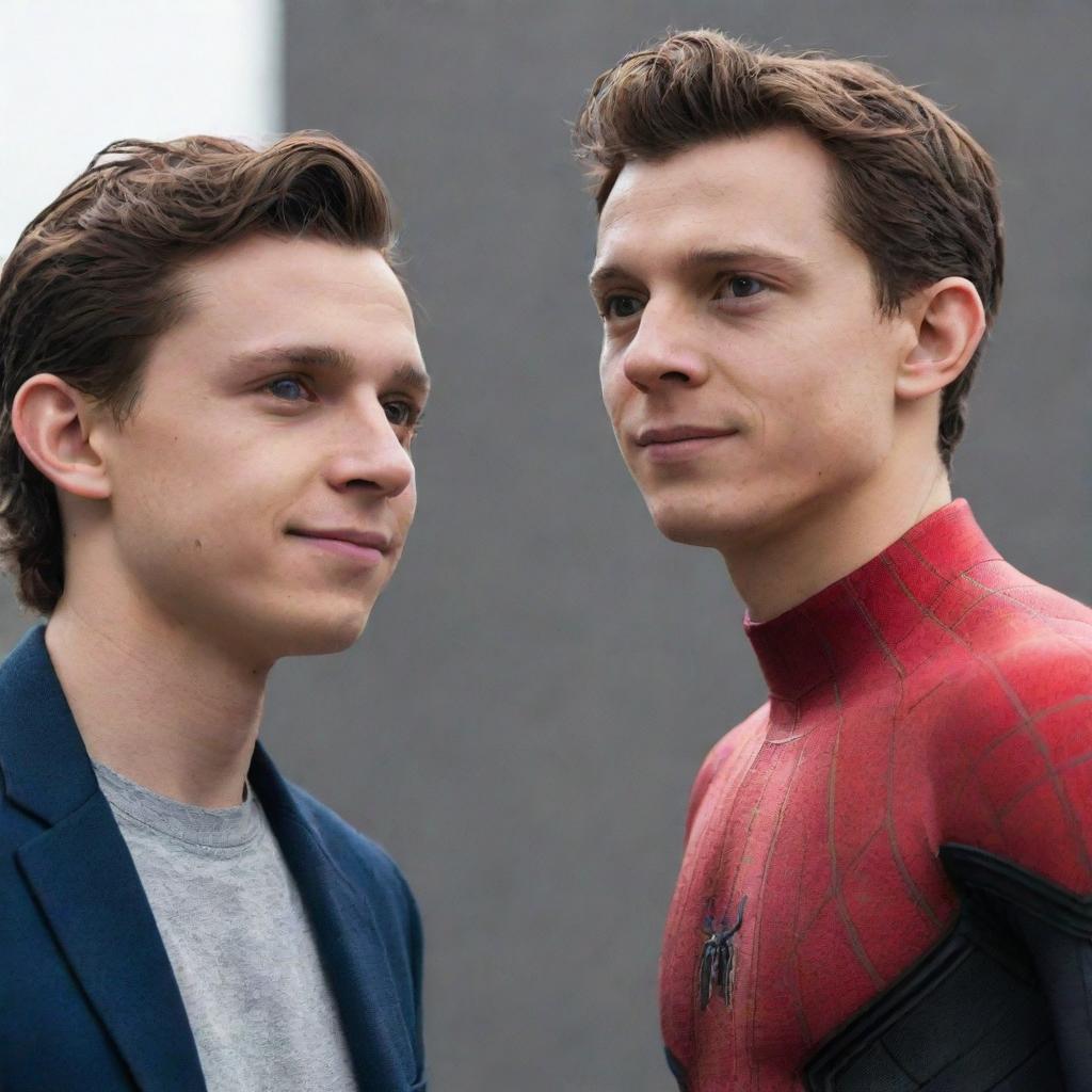 A digitally rendered image of Tom Holland and a character named Jydyin, both portrayed in a friendly interaction.