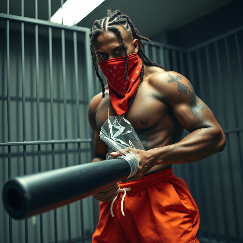 Close-up of a muscular African American gang member in a prison cell, wearing baggy orange pants and a red bandana mask covering his nose and mouth