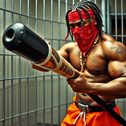 Close-up of a muscular African American gang member in a prison cell, wearing baggy orange pants and a red bandana mask covering his nose and mouth