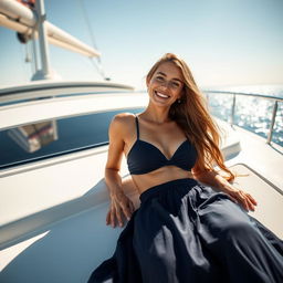 A beautiful college-aged woman with pale skin is laying on a yacht, embodying a relaxed and joyful aura as she smiles brightly in the sunshine