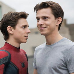 A digitally rendered image of Tom Holland and a character named Jydyin, both portrayed in a friendly interaction.