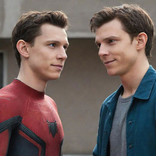 A digitally rendered image of Tom Holland and a character named Jydyin, both portrayed in a friendly interaction.