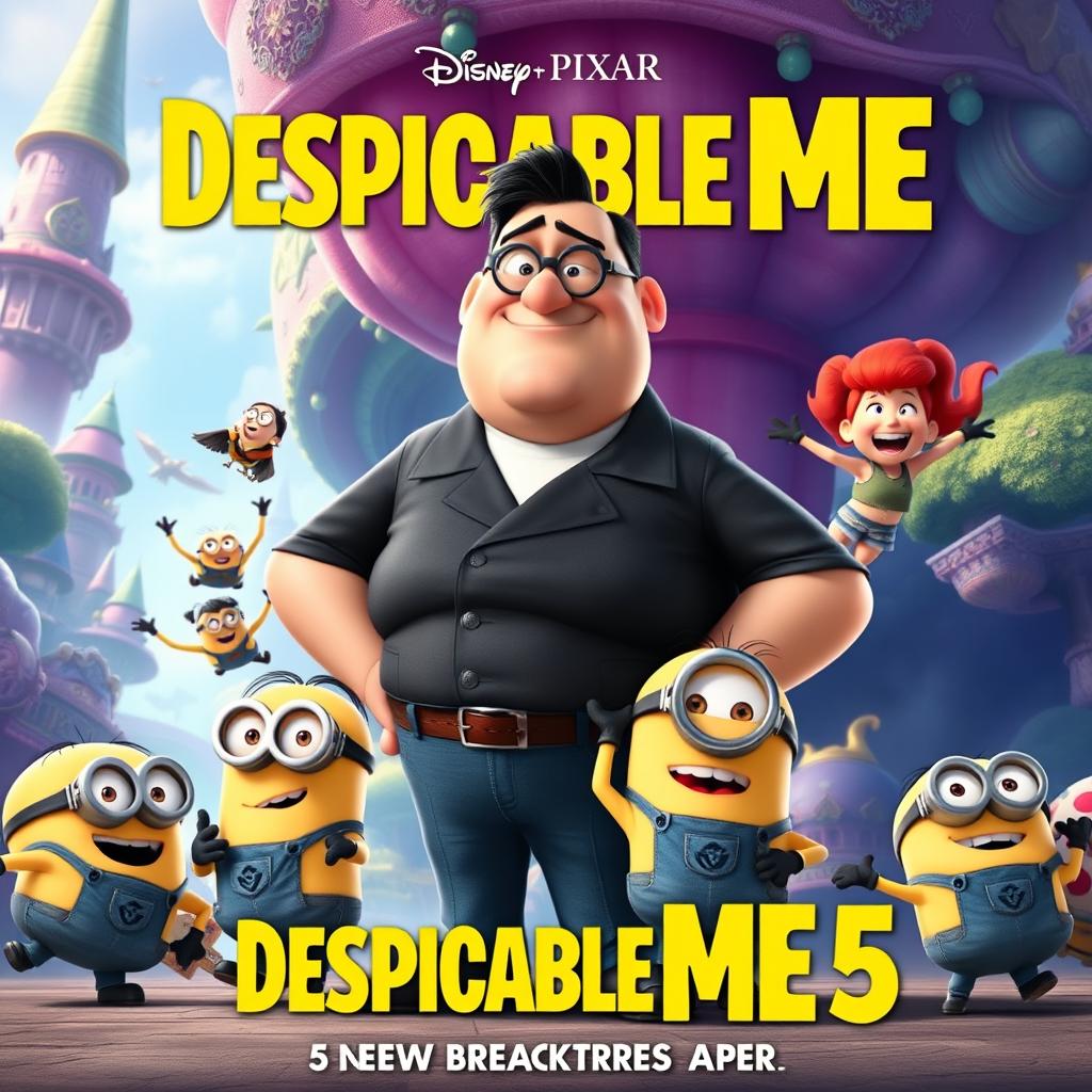 A vibrant and detailed depiction of a Disney Pixar animated movie poster for 'Despicable Me 5'