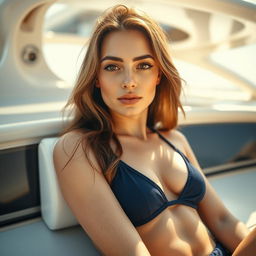 A beautiful woman in her 20s with pale skin and soft features is laying on a yacht under bright sunlight