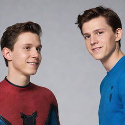 A digitally rendered image of Tom Holland and a character named Jydyin, both portrayed in a friendly interaction.