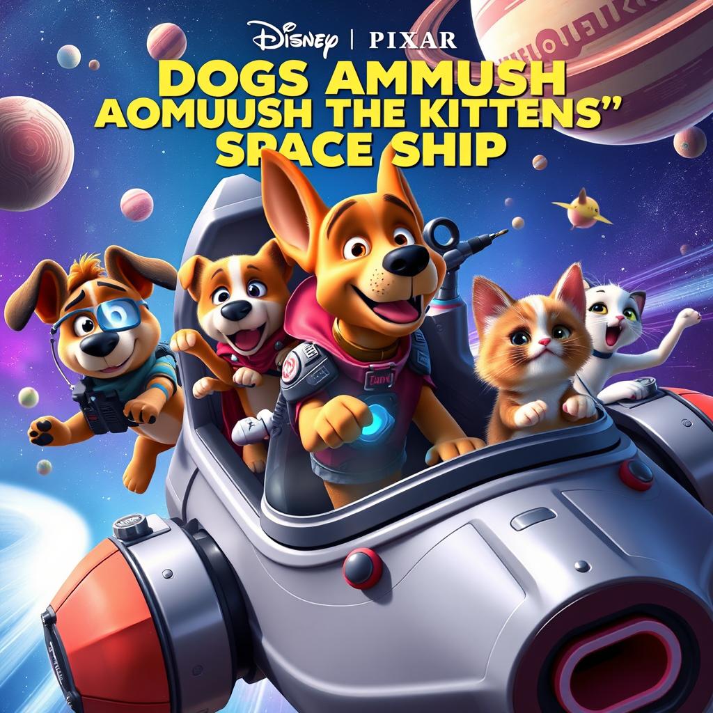 An exciting and colorful Disney Pixar animated movie poster for 'Dogs Ambush the Kittens' Space Ship'