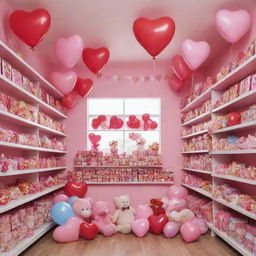 A charming Valentine's themed image showcasing a variety of colorful toys in a toy shop. The heart balloons adorning the shop should lend a festive air. A banner with 'Happy Valentine's Day' should be prominent.