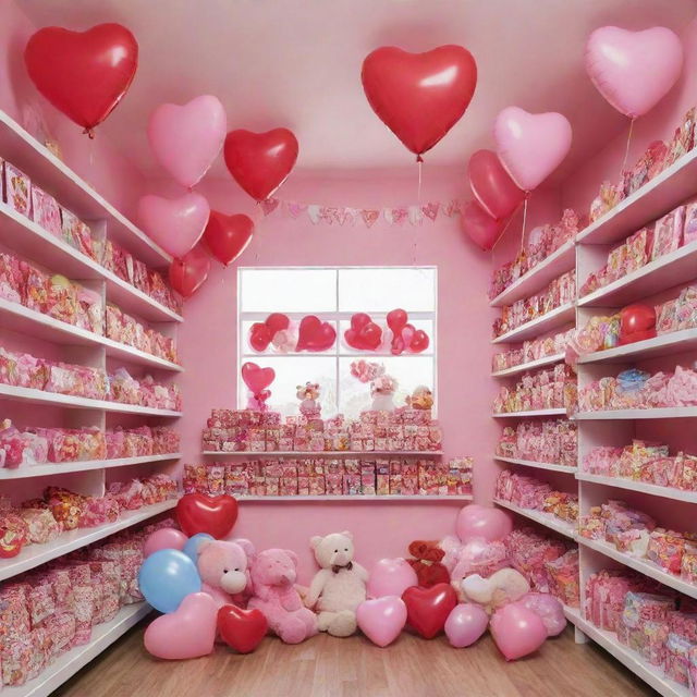 A charming Valentine's themed image showcasing a variety of colorful toys in a toy shop. The heart balloons adorning the shop should lend a festive air. A banner with 'Happy Valentine's Day' should be prominent.