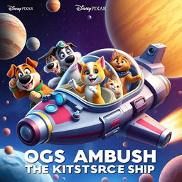 An exciting and colorful Disney Pixar animated movie poster for 'Dogs Ambush the Kittens' Space Ship'