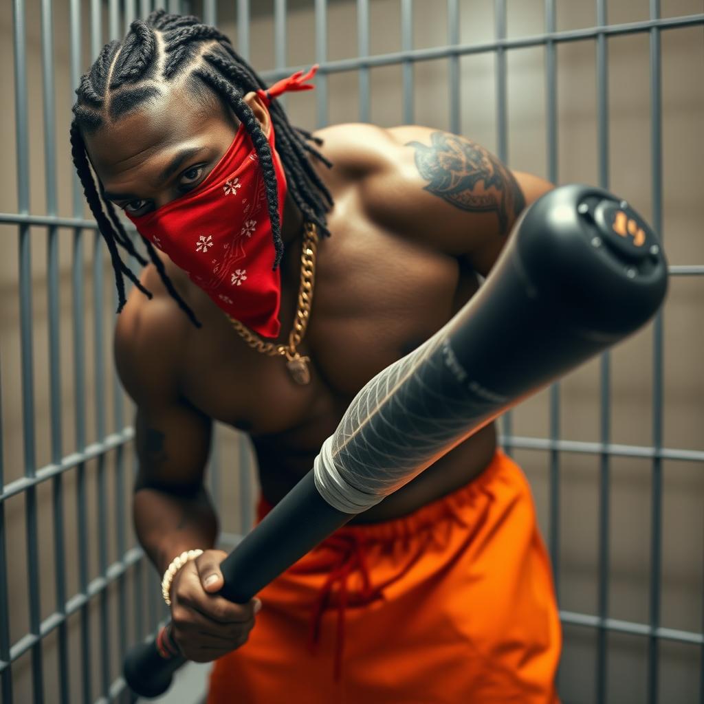 A close-up of a muscular African American gang member inside a prison cell