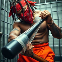 A close-up of a muscular African American gang member inside a prison cell