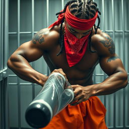 A close-up of a muscular African American gang member inside a prison cell