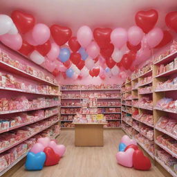 A charming Valentine's themed image showcasing a variety of colorful toys in a toy shop. The heart balloons adorning the shop should lend a festive air. A banner with 'Happy Valentine's Day' should be prominent.