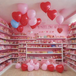 A charming Valentine's themed image showcasing a variety of colorful toys in a toy shop. The heart balloons adorning the shop should lend a festive air. A banner with 'Happy Valentine's Day' should be prominent.