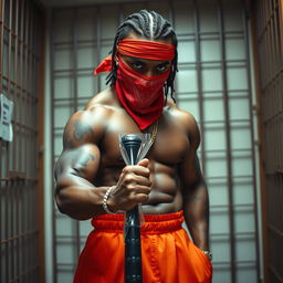 A close-up of a muscular African American gang member in a prison cell